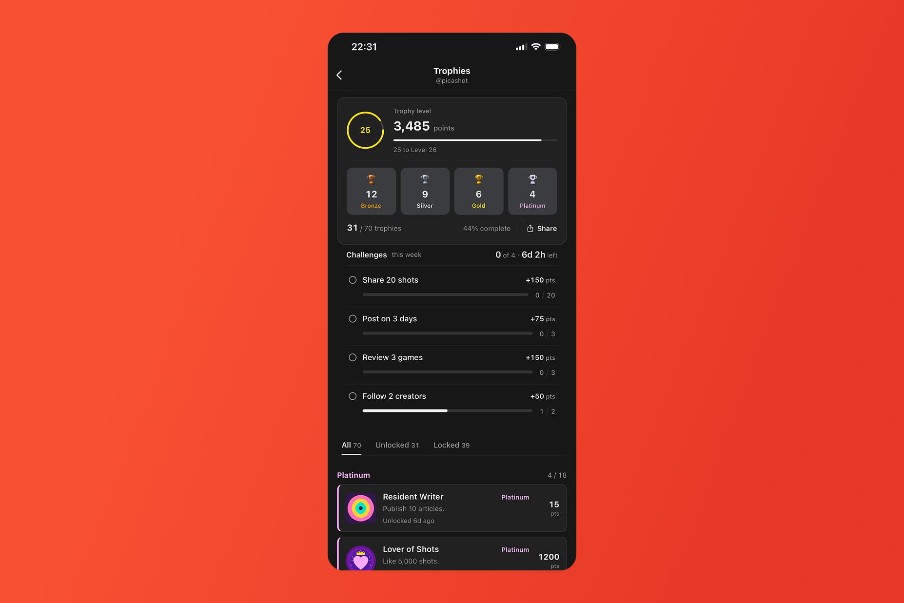 Achievements screenshot from the mobile app