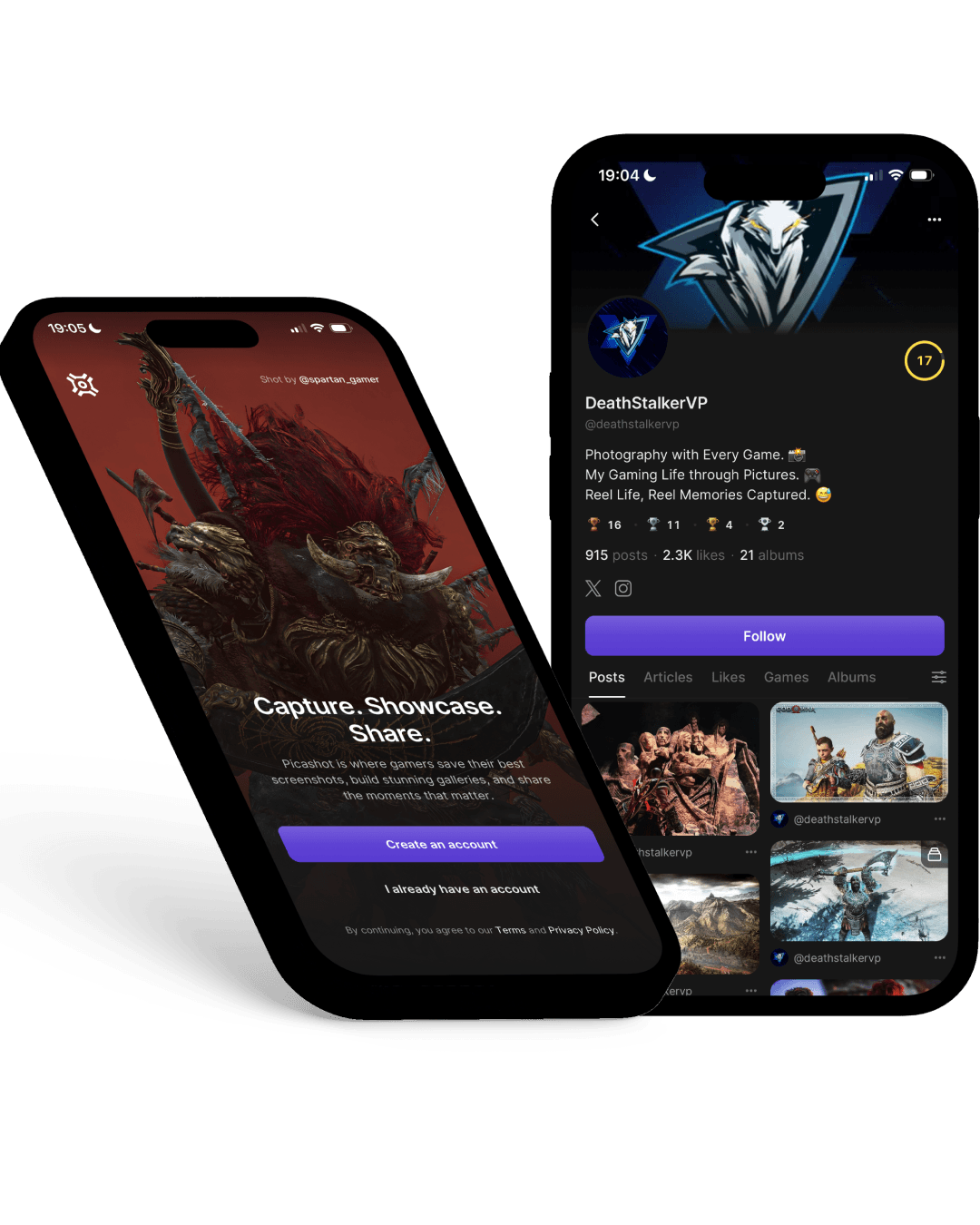 Picashot running on iOS: the sign-in screen and a photographer's profile