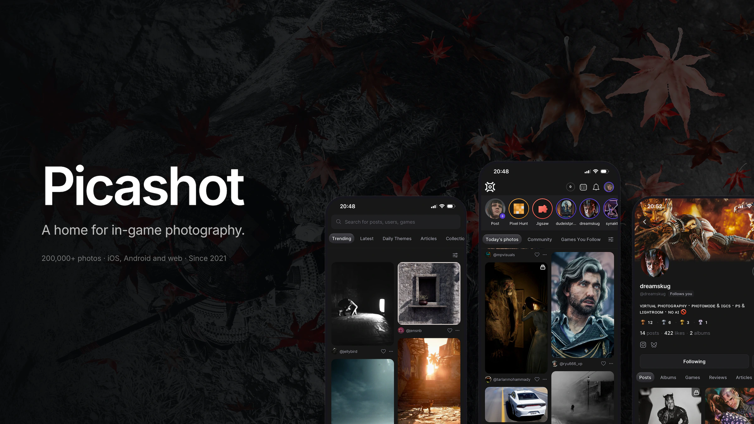 Picashot on three phones: the trending grid, the home feed and a profile